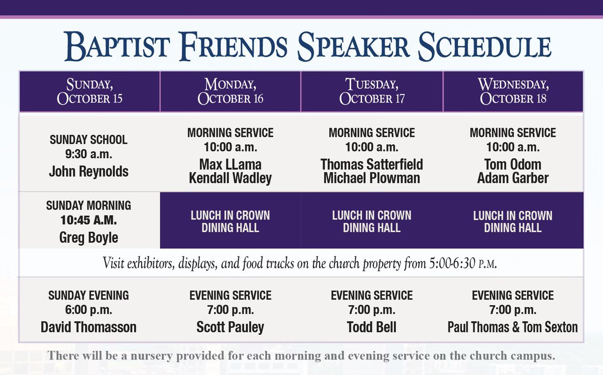 Pray with us for these Baptist Friends Speakers!

It’s not too late to join us next week, Sunday-Wednesday, October 15-18! We are trusting the Lord to do wonderful things through this year’s #BaptistFriendsMeeting:
✅ Powerful Bible-preaching
✅ Interactive Mission Village for