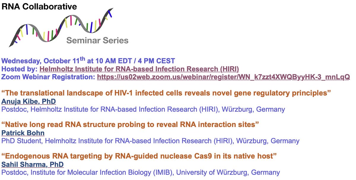 Hello #RNA Community, join us at the next @Helmholtz_HIRI hosted RNA Collaborative Seminar starting soon. Link to register: us02web.zoom.us/webinar/regist…