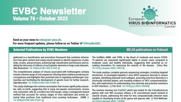 EVirusBioinfC's tweet image. EVBC Newsletter 76 / October 2023 includes publication highlights, #virusbioinformatics tools, a special issue on #phagediversity, upcoming international events, a job opening in Jena, and a welcome to our 35 new members. evbc.uni-jena.de/wp-content/upl…