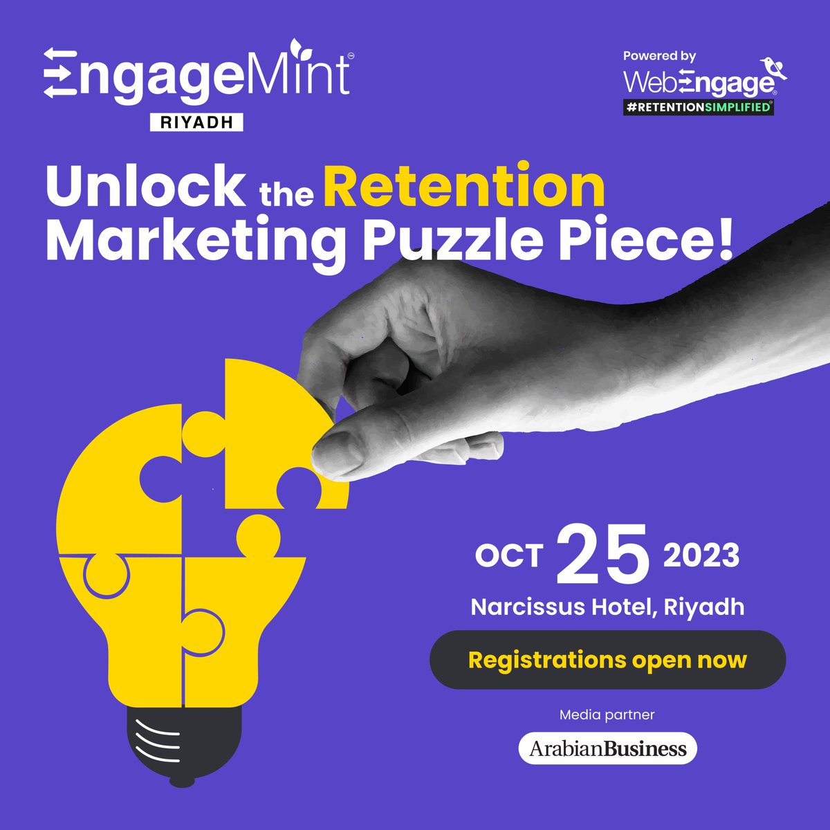 avlesh's tweet image. After a stellar show in Bengaluru, #EngageMint is now coming to Riyadh!

@WebEngage is the platform of choice for a 100+ iconic brands in Saudi Arabia! This event is to further our mission of taking the message of focus-on-retention-led-growth to every business that wishes to…