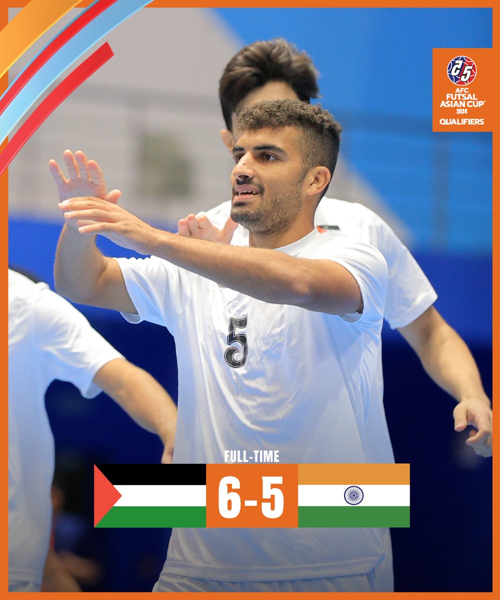 FT | 🇵🇸 Palestine 6️⃣-5️⃣ India 🇮🇳 

Palestine edge India in this entertaining #ACFutsal2024 Qualifiers Group E match to end on a high note!