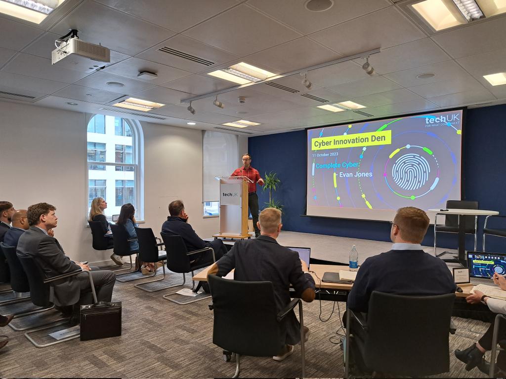 techUK's tweet photo. @licel_en @completecyber represented by Evan Jones to close off the first part of the pitching competition #CyberDen2023 https://t.co/Ae84IxwRMD