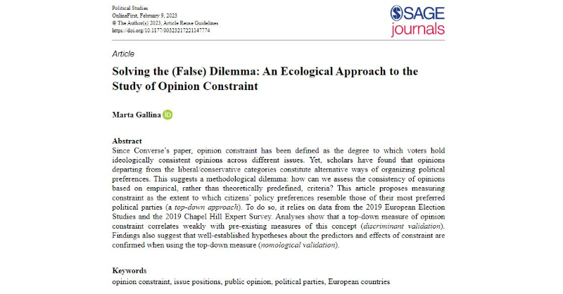 On opinion constraint: @MartaGallina7's @PolStudies article proposes measuring constraint as the extent to which citizens’ policy preferences resemble those of their most preferred political parties. Read here: ow.ly/KrrR50N90fF #ECRs @PolStudiesAssoc @SAGECQPolitics