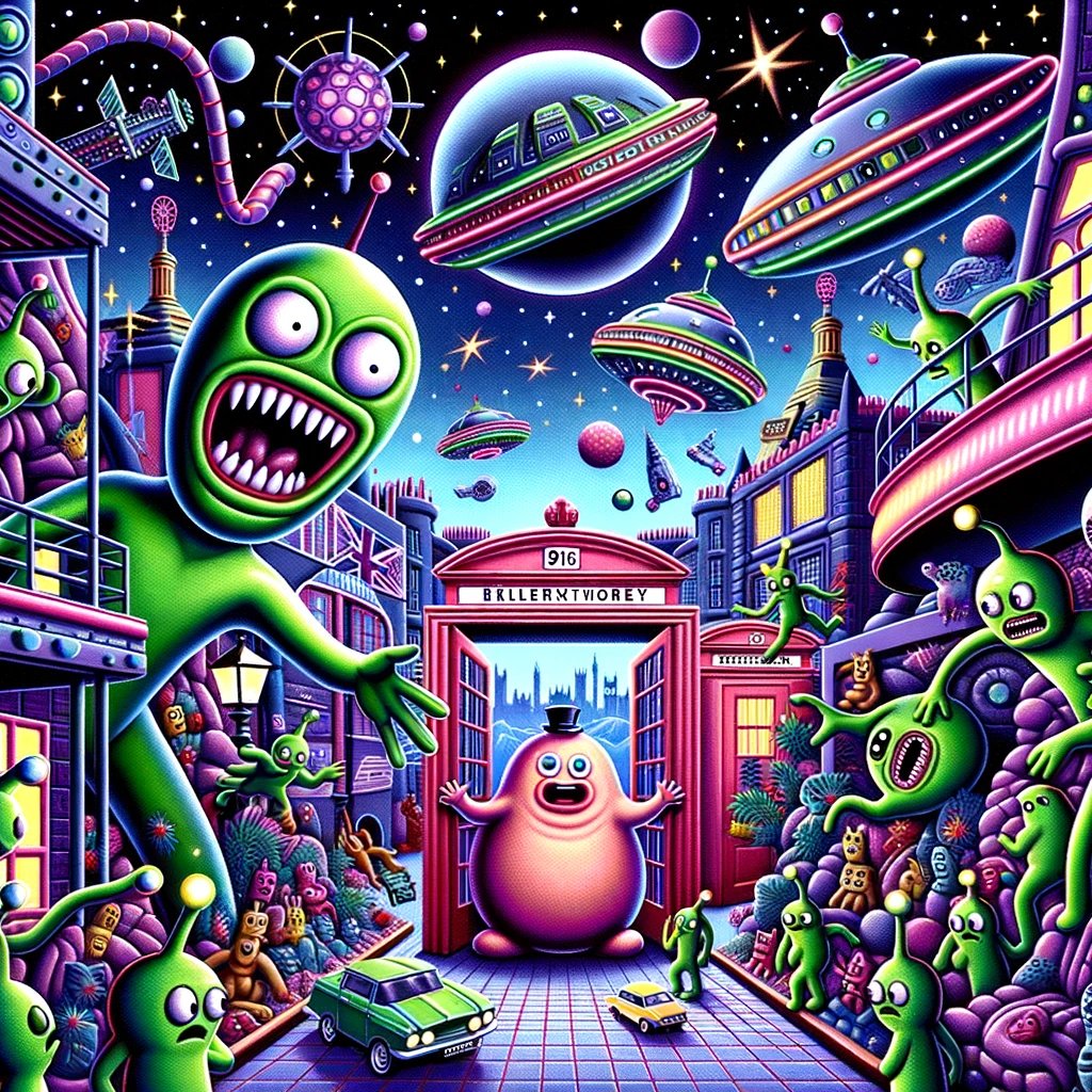 charliedowler's tweet photo. Whimsical scene: Mr. Blobby flees from Martians amid UK landmarks &amp; sci-fi elements. 90s neon vibe with chaos &amp; confusion. #DALLE3 https://t.co/tVOZSVF5tr