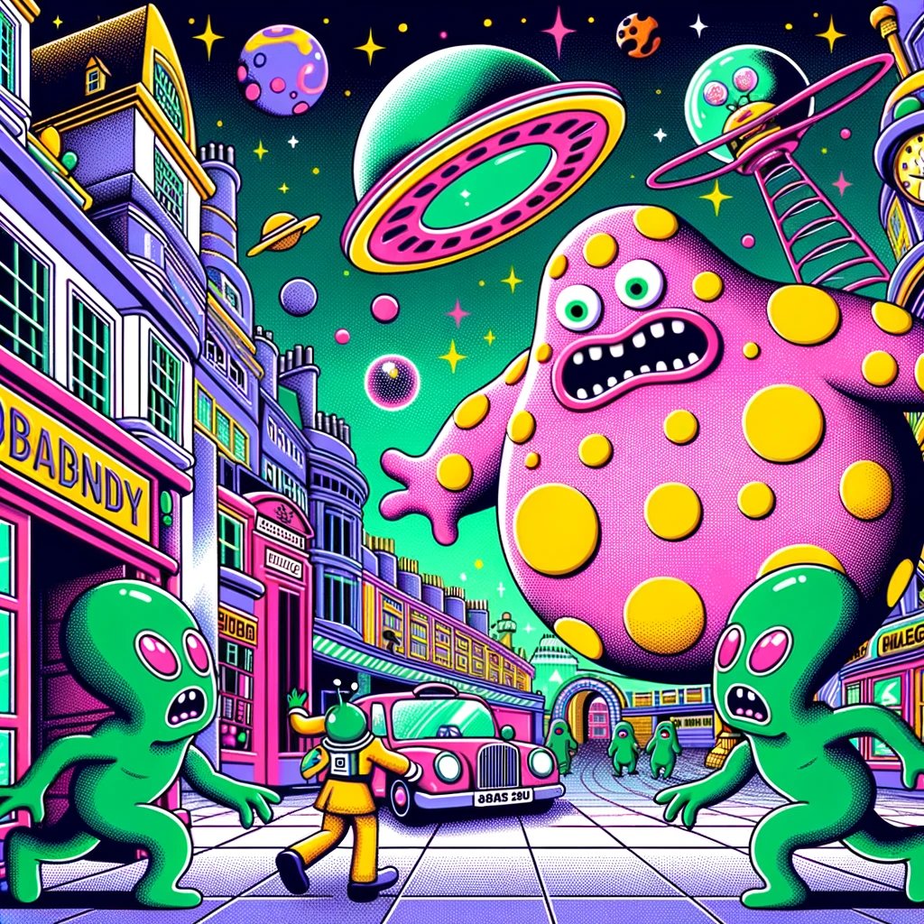 charliedowler's tweet photo. Whimsical scene: Mr. Blobby flees from Martians amid UK landmarks &amp; sci-fi elements. 90s neon vibe with chaos &amp; confusion. #DALLE3 https://t.co/tVOZSVF5tr