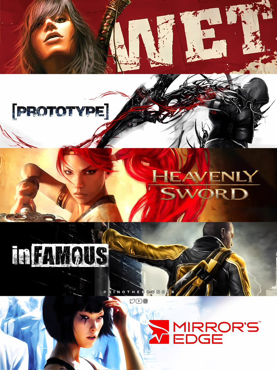 RinoTheBouncer's tweet photo. Underrated Gems in Gaming 🚀

✅WET
✅[PROTOTYPE]
✅Heavenly Sword
✅inFAMOUS
✅Mirror’s Edge

What forgotten IPs (from this list and beyond) do you hope would come back?😎 #PlayStation #Xbox #Nintendo https://t.co/761SA3dCam