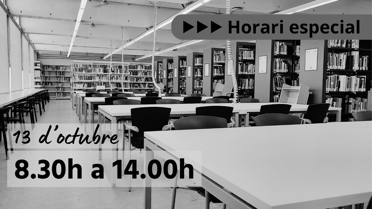 ATENCIÓ HORARI!
Demà la biblio estarà tancada i divendres obrirem de 8.30h a 14.00h

Més info d'horaris a bibliotecnica.upc.edu/horaris#ETSAV