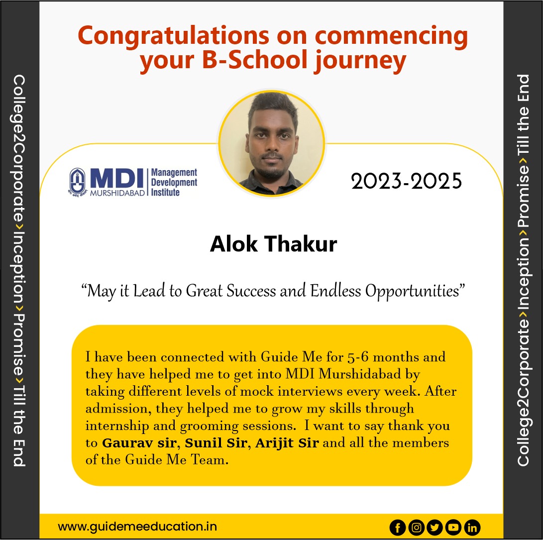 We are so happy for one of our bright students #AlokThakur 🥰🥳 May you achieve all the success. We are here till the end! 🙌  
#mdim #PGDM #MBA #guidemeeducationservices #review #thinkmbathinkguideme #bschool #guidance #collegetocorporate #cat2023 #corporateinternship