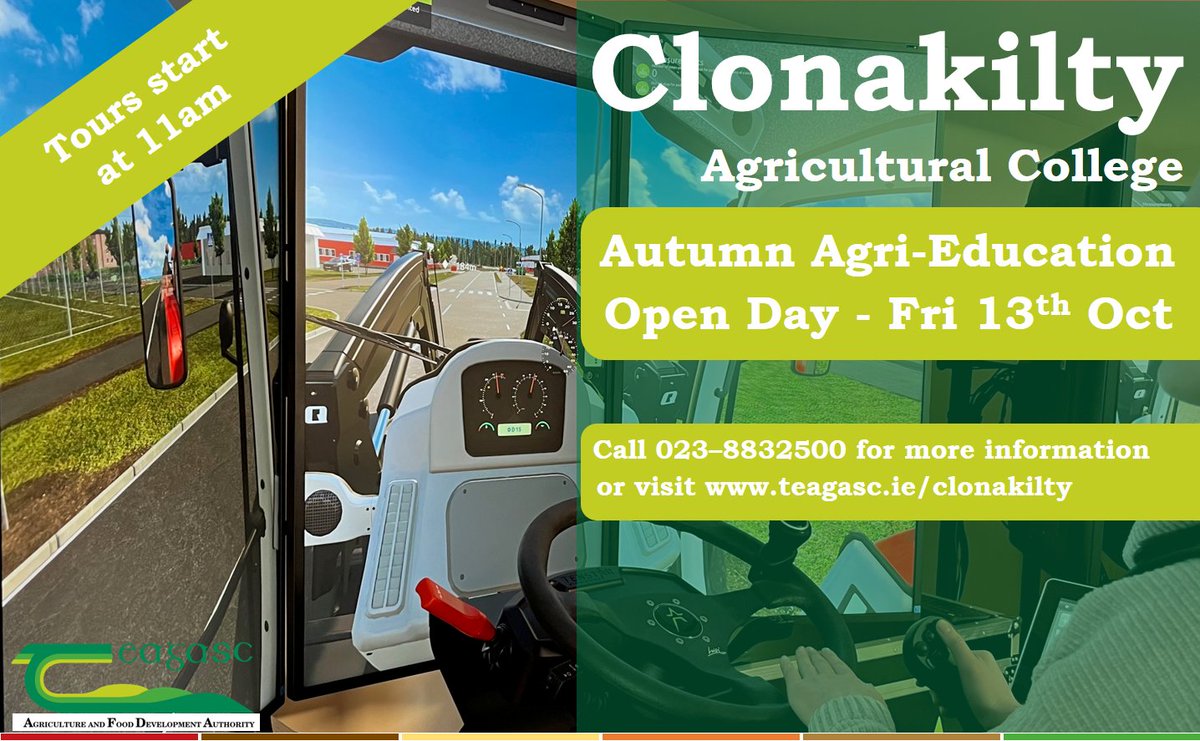 Come and join us @ClonakiltyAg on Friday, 13th Oct at 11am for our Agri-Education Open Day. Get to meet the staff, see our facilities & receive information on the Agri-Courses we provide. @teagasc @AgriEducation @MTU_ie #education