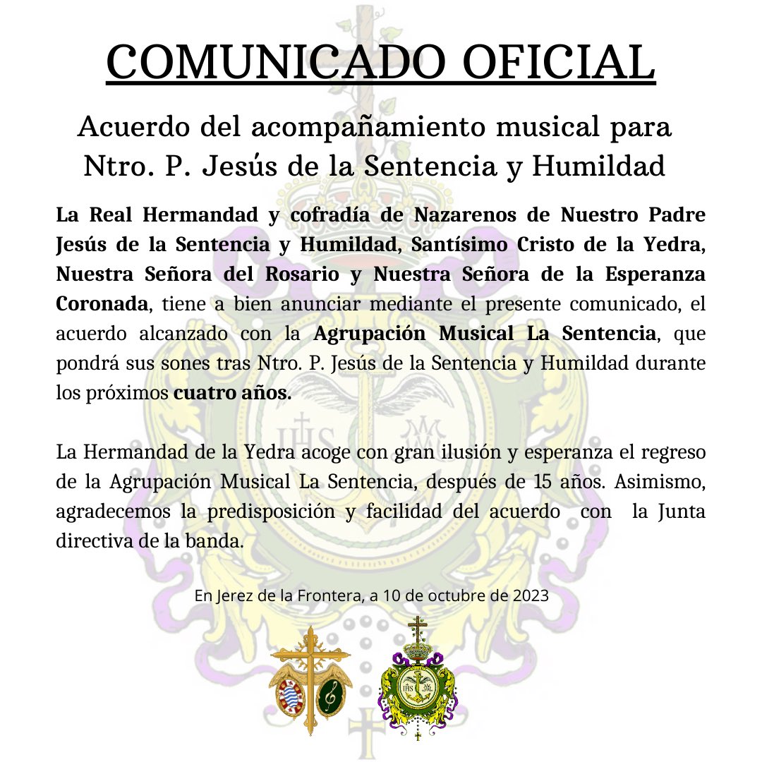 🟢🎶 Acuerdo para el acompañamiento musical de Ntro. Padre Jesus de la Sentencia y Humildad con <a href="/am_lasentencia/">La Sentencia</a> 

📸: @antoniomontesinos @lunadenisanoficial