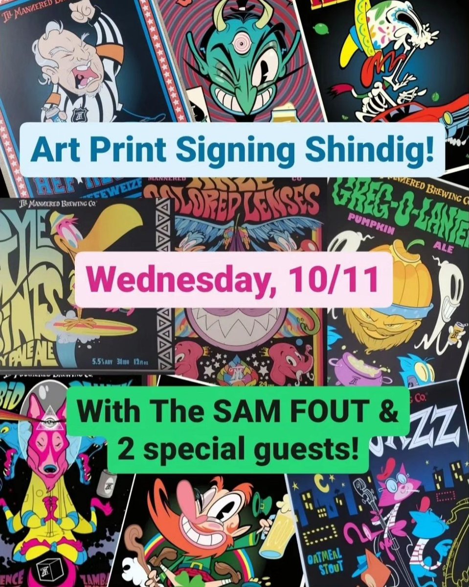 TODAY: ART PRINT SIGNING SHINDIG w/@SamFout, the creative behind the art & characters of IMBC. He will be in the taproom for a meet & greet & art print signing from 5-7. In perfect time for NHL and Pumpkin Ale season, 2 of the characters will join Sam to sign their posters...