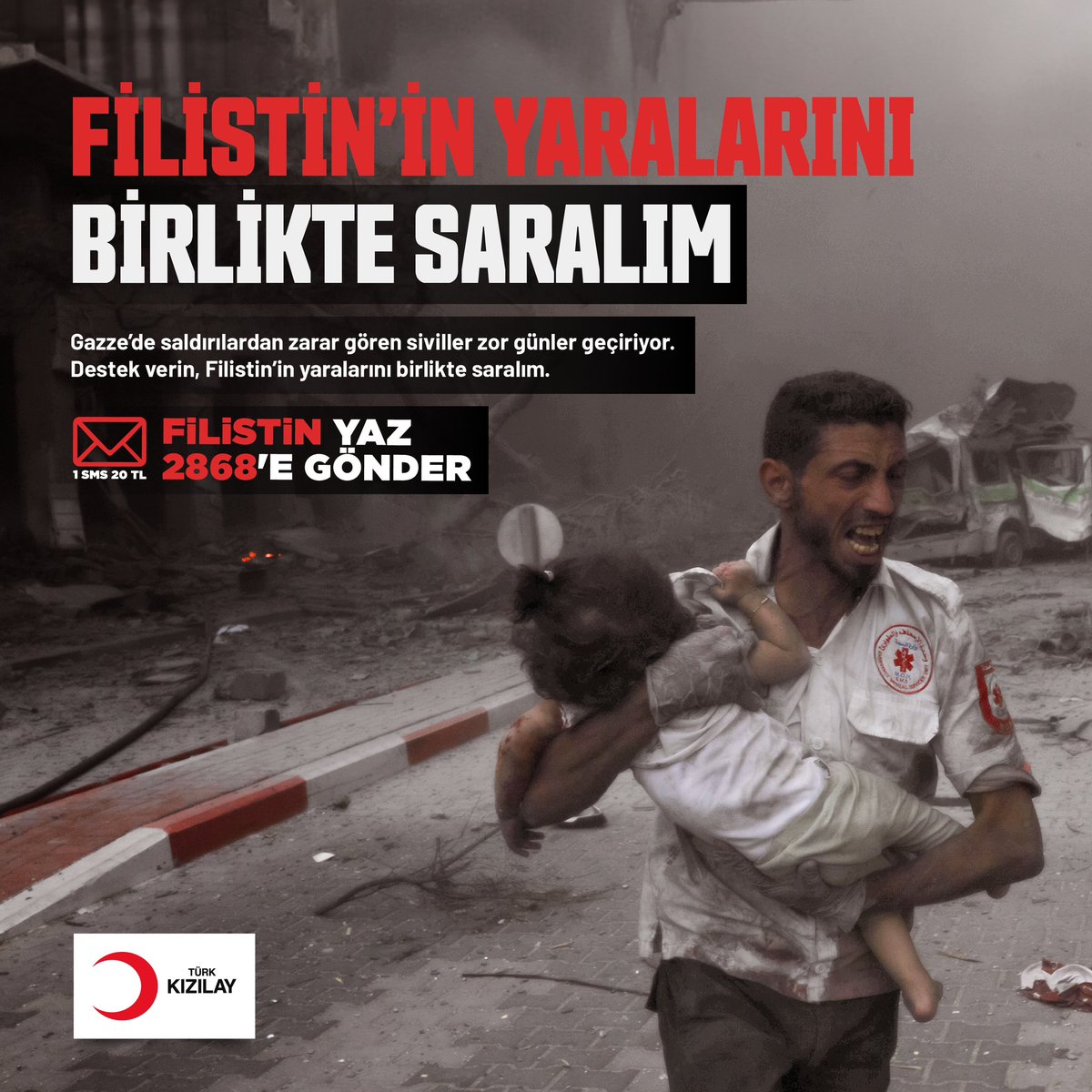 Gazze’de saldırılardan zarar gören siviller zor günler geçiriyor. Filistin’in yaralarını birlikte saralım! 

FİLİSTİN yaz 2868’e gönder, 20 TL bağışla. Filistin halkına umut ol. 

🖥️ kizilay.org.tr/b/fy
📱 168 Çağrı Merkezi
📩 FİLİSTİN ➡️ 2868 (20 TL)