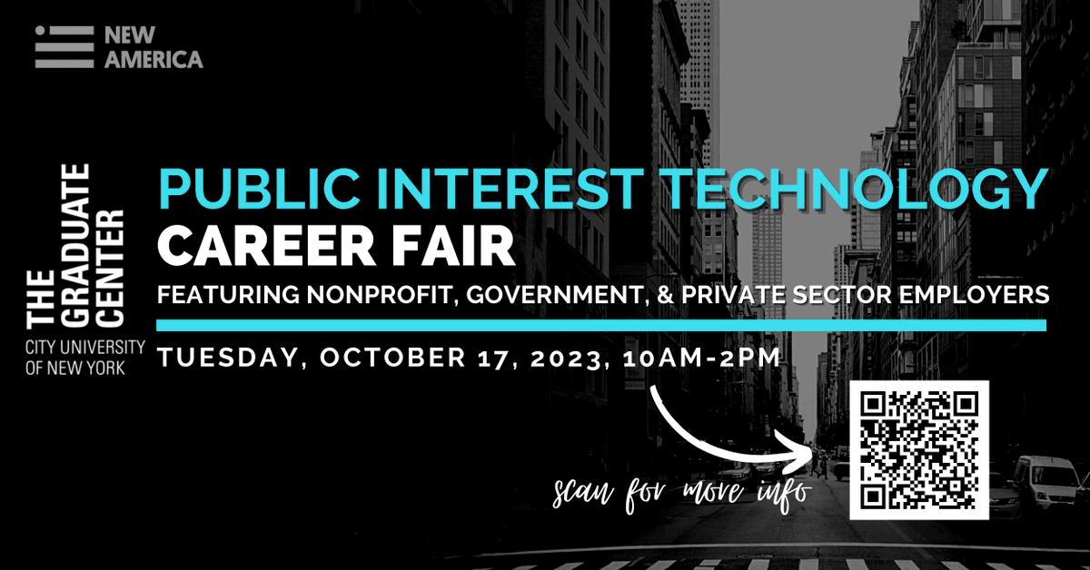 Last chance to register for our Public Interest Technology Graduate Career Fair, happening tomorrow, Oct. 17, 10-2. Register now to network with potential PIT employers and learn about the important work they do. Food will be provided. careerplan.commons.gc.cuny.edu/events/pit_car…