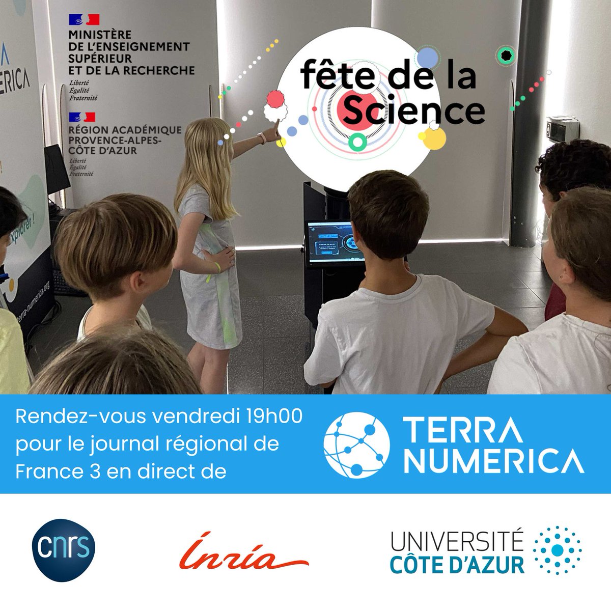 Terra Numerica (@terra_numerica) on Twitter photo 📢📺Décidément, la <a href="/FeteScience/">Fête de la science</a> est sur tous les écrans !
📽️ Rendez-vous vendredi 19h00 sur <a href="/F3cotedazur/">France 3 Côte d'Azur</a> pour vivre la <a href="/FeteScience06/">FêteDeLaScience06</a> en direct de <a href="/Terra_Numerica/">Terra Numerica</a> <a href="/ValbonneSA/">Valbonne Sophia Antipolis</a>.
19/20 @France3tv #FDS2023 📢📺Décidément, la <a href="/FeteScience/">Fête de la science</a> est sur tous les écrans !
📽️ Rendez-vous vendredi 19h00 sur <a href="/F3cotedazur/">France 3 Côte d'Azur</a> pour vivre la <a href="/FeteScience06/">FêteDeLaScience06</a> en direct de <a href="/Terra_Numerica/">Terra Numerica</a> <a href="/ValbonneSA/">Valbonne Sophia Antipolis</a>.
19/20 @France3tv #FDS2023