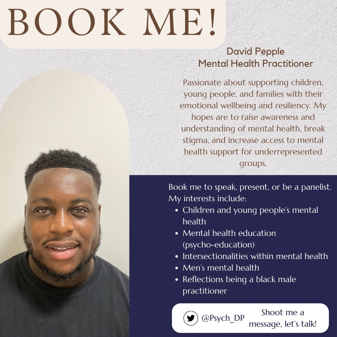 So here it goes… 

Hey, I’m David and I’m a Mental Health Practitioner. Book me to speak, present or be a panelist at your next event! 

Send over a DM, I’m happy to talk more! 😌