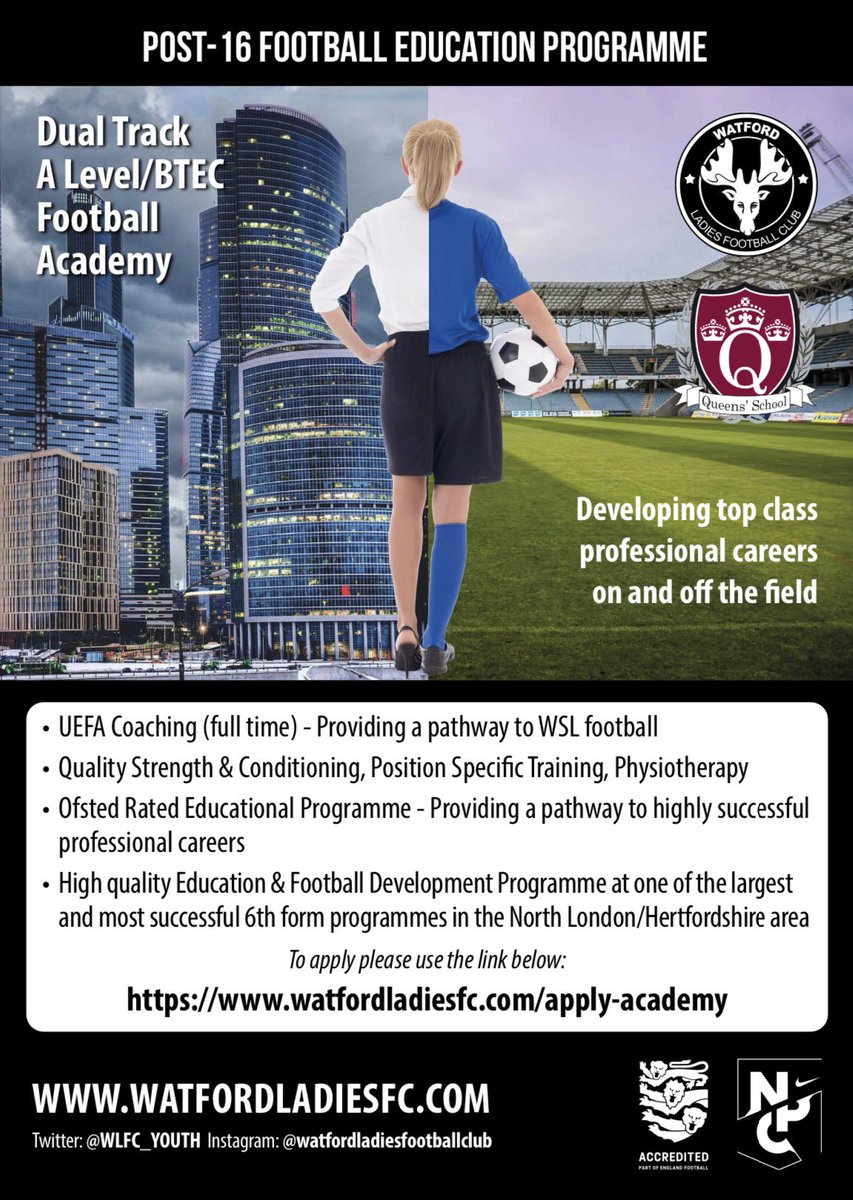 Queens Sixth Form &amp; Sports Academy open evening - Thursday 2nd November, 17:00 -19:30pm, on the South side. Including talks from the Director of Sixth Form at 19.00pm for students joining from other schools. 🎓

Click here to apply to the academy 👇

watfordladiesfc.com/16-19-academy