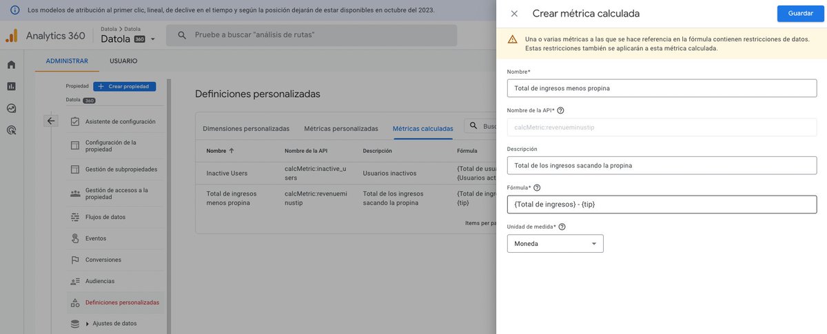 braiscv's tweet image. 🆕 GA4 - Métricas calculadas 🎉

Empieza aparecer en la interfaz de GA4 la posibilidad de crear métricas calculadas

Número de Métricas calculadas:
 🆓 GA4: 5
 💰 GA4 360: 50

La fórmula para la métrica:
- Límite de 1,024 caracteres
- Operadores admitidos: +, -, *, /, ()

🧵(1/3)