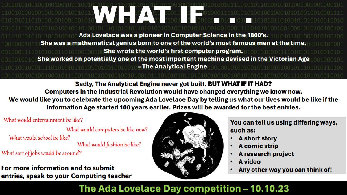 We celebrated Ada Lovelace Day yesterday in school, with a fantastic themed lunch and during registration students learnt about the impact Ada Lovelace had on computing. We are also running a competition - closing date is Monday 16 October.