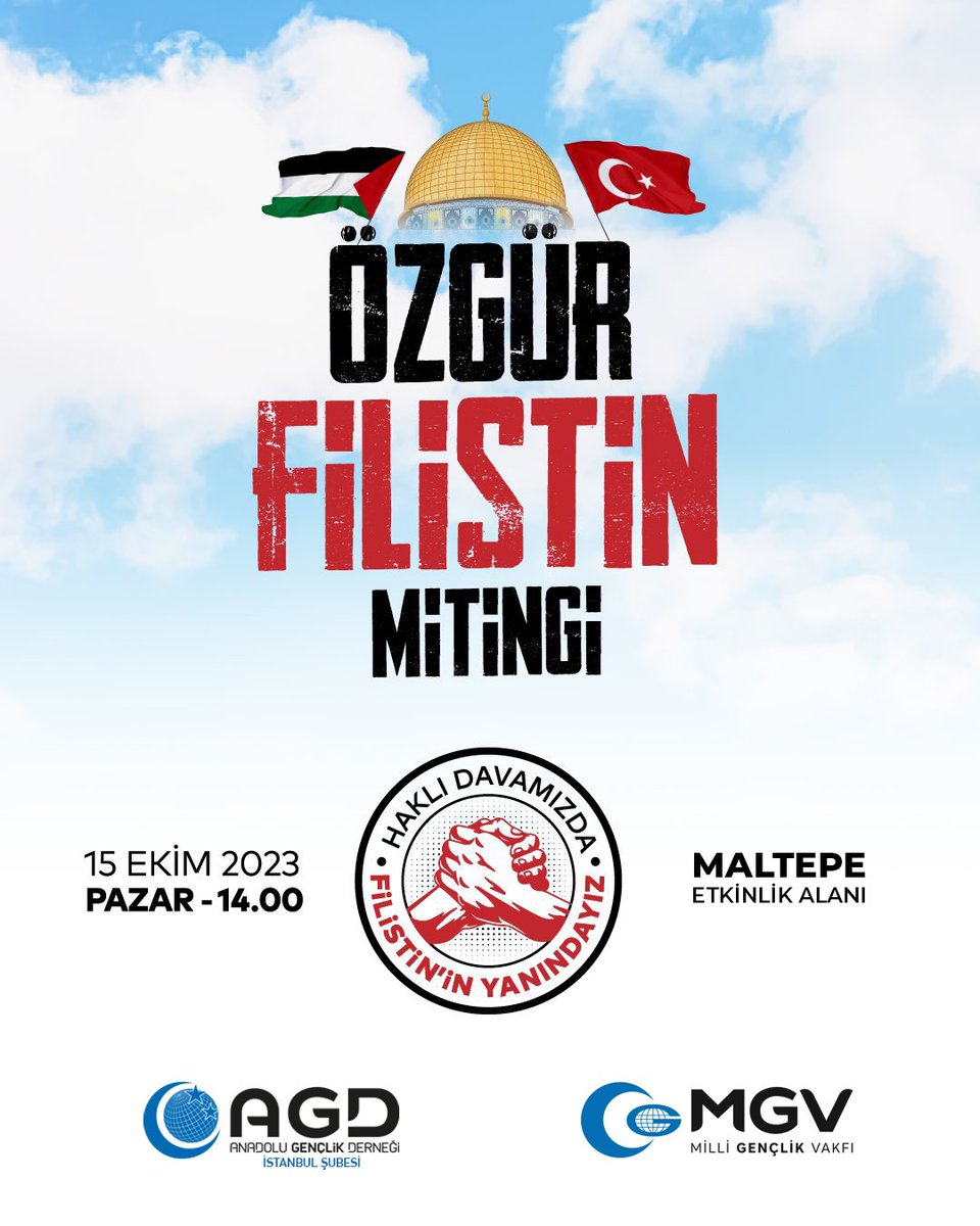 Özgür Filistin Mitingi  🇹🇷 🇵🇸

📍 Maltepe Etkinlik Alanı - İstanbul

🗓 15 Ekim Pazar - 14.00

#ZamanıGeldi 
#AlQudsBelongsToMuslims
#FilistindeMücahidler
#KudüsMüslümanlarındır