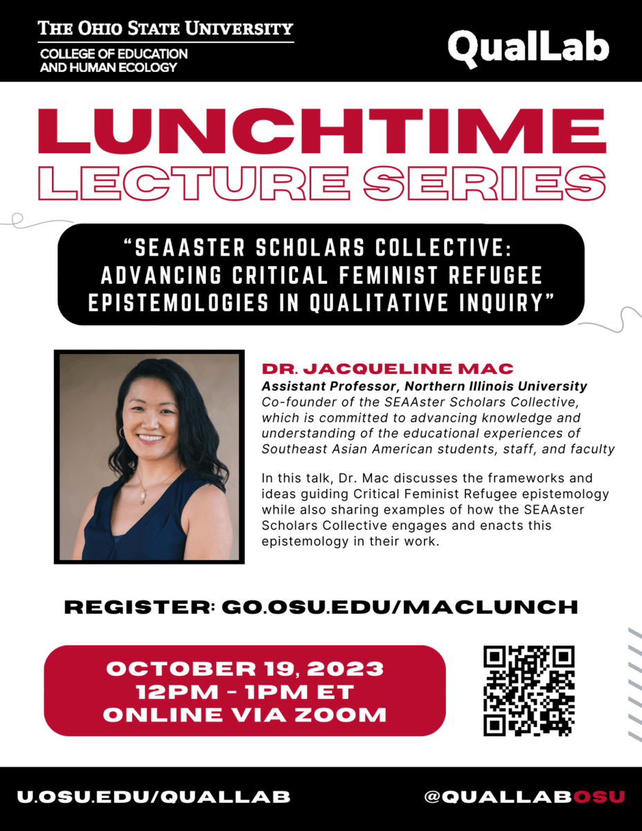 QualLabOSU's tweet photo. Our next #QualLabLunch is right around the corner!

We're so excited to host the amazing @drjackimac next week for her lecture on "Advancing Critical Feminist Refugee Epistemologies in Qualitative Inquiry."  

October 19, 2023
noon - 1 p.m 

Register here: https://t.co/4NrLLSyGAY https://t.co/CirEMTlAQl