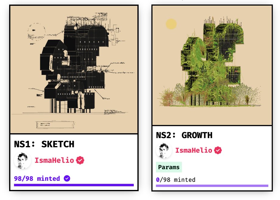 NS2: GROWTH 💚🌵☘️ The second part of this project. Reserved for holders of NS1: SKETCH It is a @fx_hash_ params project: Introduce the HASH feature from NS1 as a parameter to create the DIPTYCH for your NS1. Thanks again, everybody! Go NATURE! 🌱