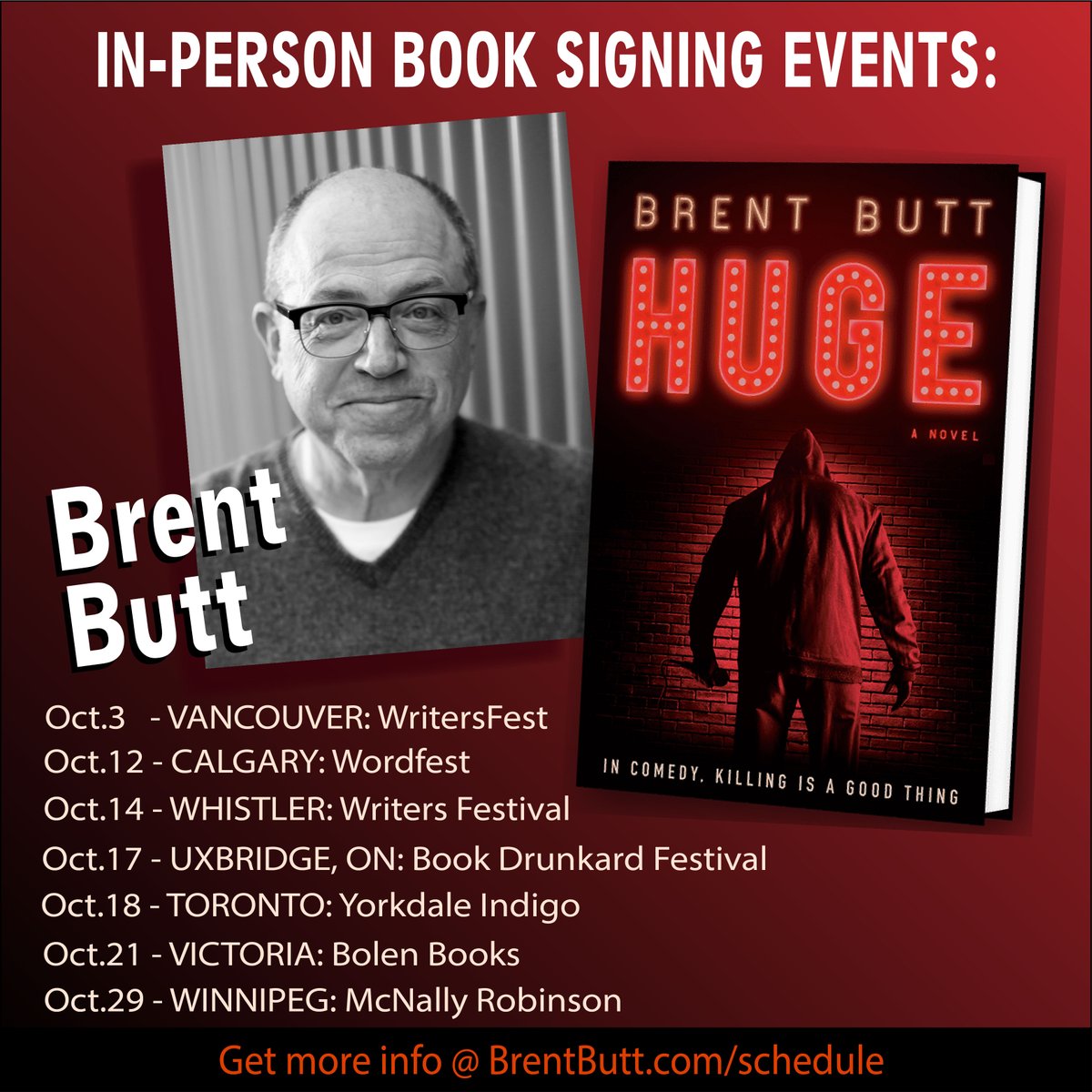 Hitting the road for some in-person book events this month. SEE YOU TOMORROW #CALGARY!!! More details for each stop at brentbutt.com/schedule