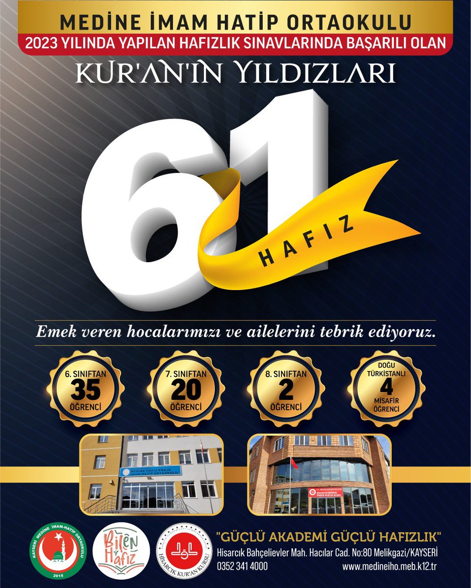 mebhafiz's tweet photo. Örgün Eğitimle Birlikte Hafızlık Proje Okulu Kayseri Medine İmam Hatip Ortaokulu ve İş Birliği Yaptıkları Hisarcık Kur’an Kursu Tarih Yazıyor! 
Başarılarıyla gurur duyduk! 👏👏@yilmaznazif @drahmetisleyen https://t.co/axKlQ2fK9D