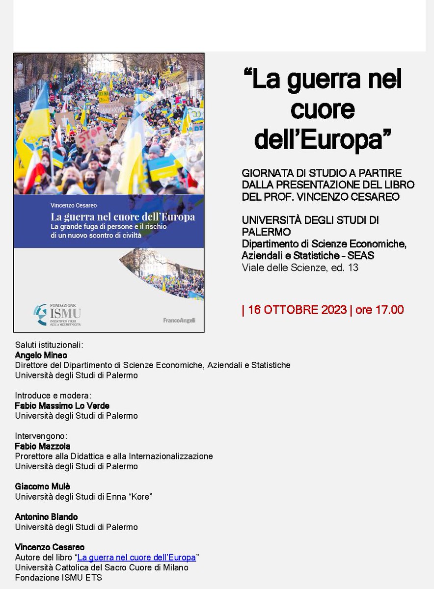 WelfResp's tweet photo. I prossimi 16 ottobre presso l'@unipa_it  e 17 ottobre presso @Unikore_Enna si terranno delle giornate di studio a partire dalla presentazione del libro del 
Prof. Vincenzo Cesareo  “La guerra nel cuore dell’#Europa”.

Programmi e informazioni qui ⤵️ https://t.co/cMT3bmPPB1