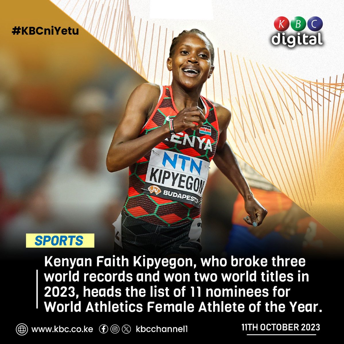Kenyan Faith Kipyegon heads the list of 11 nominees for World Athletics Female Athlete of the Year.
#KBCniYetu ^RO
