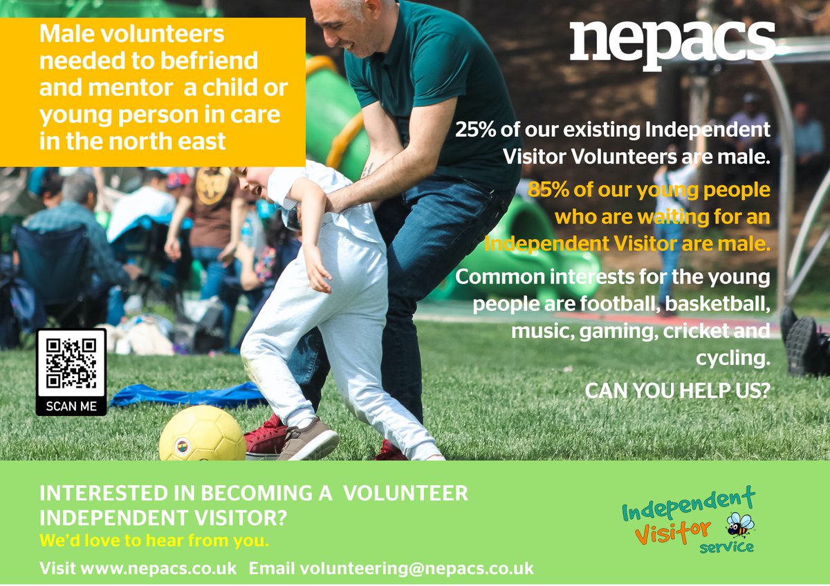 We are looking for male volunteers across the north east to become Independent Visitors for a young boy/man currently living in care. Can you help? Visit our website to find out more about the role nepacs.co.uk/page/independe…
#IndependentVisitors #childrenincare #volunteer