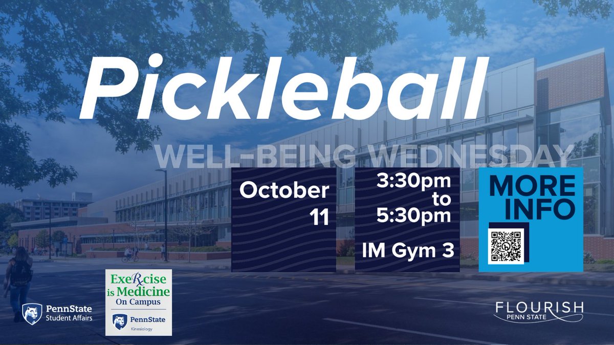 Join us today for Pickleball in the IM Building Gym 3 from 3:30 - 5:30 pm. Free play and giveaways! #psueim #eimoc #exerciseismedicine #well-being
