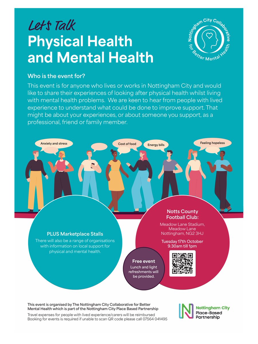 Let’s Talk physical and Mental health in Nottingham City. Event next Tuesday for citizens, professionals ans community leaders to discuss this important topic and see what support is available from the marketplace stalls. Booking via this link: eventbrite.co.uk/e/physical-and…