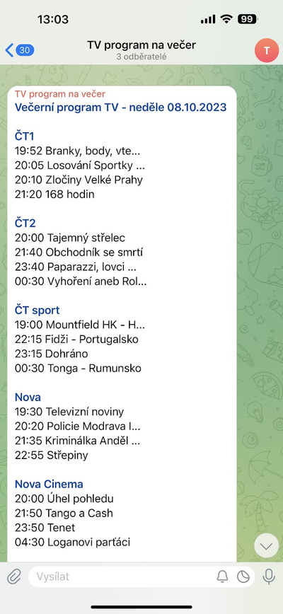 vtelevizi_cz's tweet photo. Večerní TV program nově najdete v kanálu na Telegramu - vždy v 17:00. Odkaz na kanál: https://t.co/7eL0EuHadO https://t.co/hIOFX4vmAY