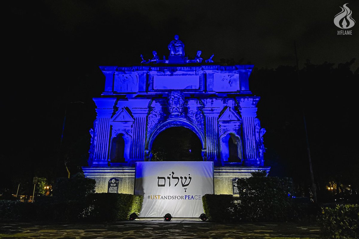 abtheflame's tweet photo. As the conflict between Israeli forces and Hamas Islamist militants rages on, UST displayed the Hebrew word for peace and the statement "#USTandsForPeace" in front of the Arch of the Centuries. https://t.co/h1hcZJy7iX