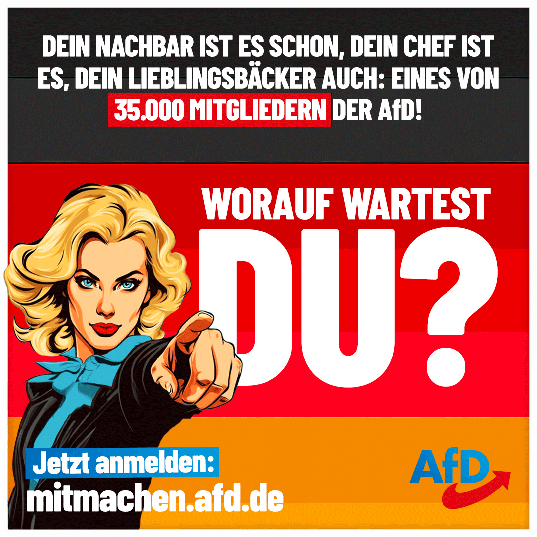 Dein Nachbar ist es, Dein Chef vermutlich auch, Dein Lieblingsbäcker sowieso: Eines von 35.000 stolzen #AfD-Mitgliedern - so viele wie noch nie. Wir freuen uns über soviel Zuspruch! Mach jetzt auch Du bei uns mit. Infos unter mitmachen.afd.de