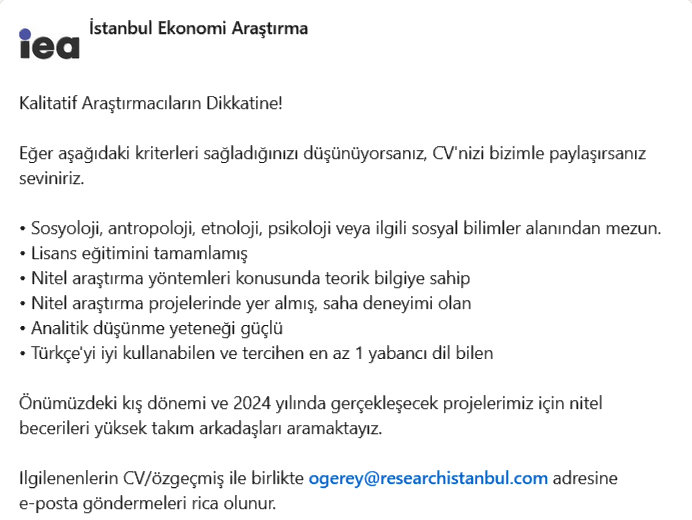 AnthroJobs's tweet photo. Kalitatif Araştırmacıların Dikkatine❗

İstanbul  Ekonomi #Araştırma önümüzdeki kış dönemi ve 2024 yılında gerçekleşecek  projeleri için nitel becerileri yüksek takım arkadaşları arıyor.

• Sosyoloji, #antropoloji, etnoloji, psikoloji veya ilgili sosyal bilimler alanından mezun. https://t.co/oAe1o6IPFQ