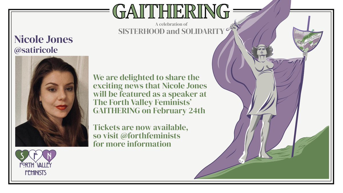 Forth Valley Feminists (@forthfeminists) on Twitter photo We're thrilled to introduce <a href="/satiricole/">Nicole Jones</a> as the 5th speaker at #FVFTheGaithering. Nicole Jones is an artist & the founder of <a href="/XXFeministNet/">XX</a>, the youth-led feminist network. She is a co-founder of <a href="/ForWomenScot/">For Women Scotland</a> & serves as an advisor for both <a href="/SexMattersOrg/">Sex Matters</a> & <a href="/project_lesbian/">The Lesbian Project</a>๐ We're thrilled to introduce <a href="/satiricole/">Nicole Jones</a> as the 5th speaker at #FVFTheGaithering. Nicole Jones is an artist & the founder of <a href="/XXFeministNet/">XX</a>, the youth-led feminist network. She is a co-founder of <a href="/ForWomenScot/">For Women Scotland</a> & serves as an advisor for both <a href="/SexMattersOrg/">Sex Matters</a> & <a href="/project_lesbian/">The Lesbian Project</a>๐