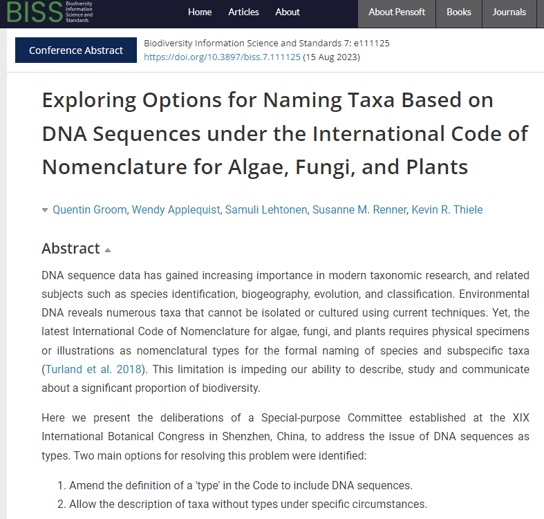 Pensoft's tweet photo. 3/🧵#TDWG2023
Quentin Groom (@cabbageleek, @BGM_coll_res) will present the deliberations of a special Committee born at the XIX Int'l #Botanical Congress in Shenzhen🇨🇳, to address the issue of #DNAsequences as types.
📍11:30 (AEDT) Sovereign room
#taxonomy #plantscience #botany https://t.co/26Q3EqKw0U