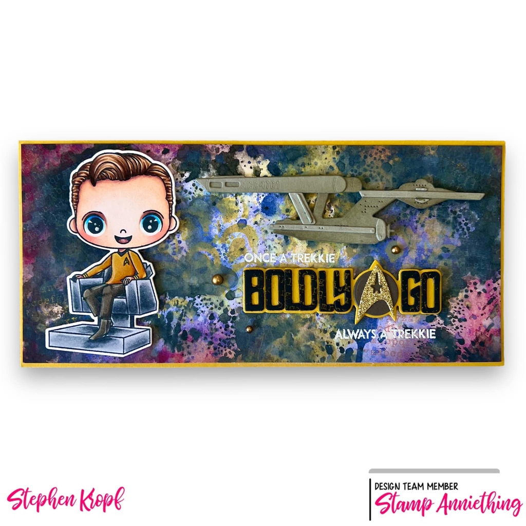 StampAnniething's tweet photo. Day 1 of October Sneak Peeks. Boldly Go with this new Release! Meet James - I don't believe in a No Win Scenario, his matching outline die, the NCC 1701 Ship Builder Die,  Boldly Go word die and the Computer Stencil! Take a look at the awesome collection! #stamping #cardmaking https://t.co/jDgvRopgmG