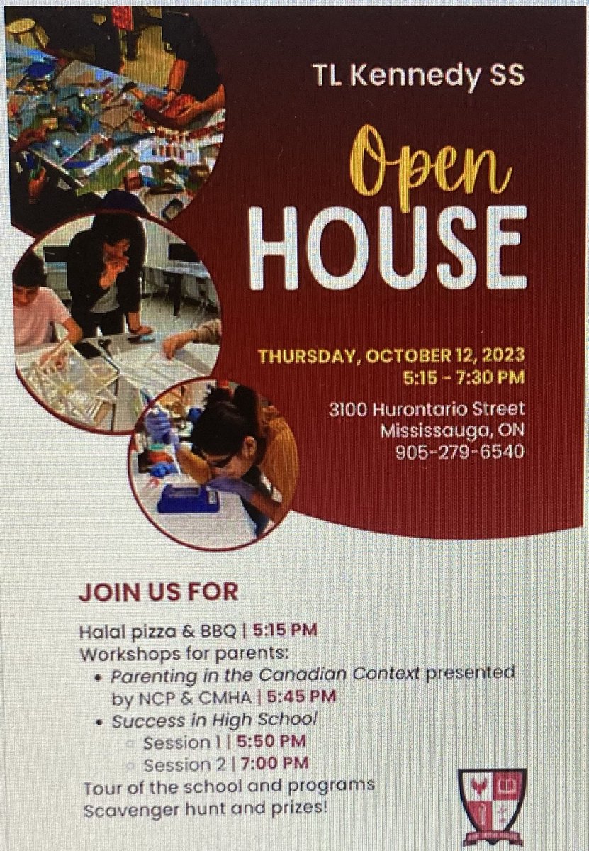 Join us for the TL Kennedy Secondary School Open House October 12 @ 5:15 pm! Tour the school, speak to teachers/students and learn more about high school! ⁦@TLKLife⁩ ⁦@PeelSchools⁩ ⁦@valleysvipers⁩ ⁦@CamillaRoad⁩ ⁦@queenston_dr⁩ ⁦@ElmDrivePS⁩
