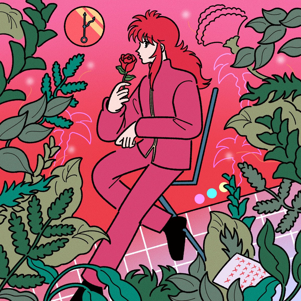 flower solo leaf long hair red hair 1boy plant  illustration images