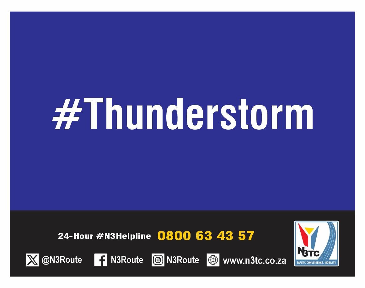 N3Route's tweet photo. 16h02 11/10 #N3WeatherWarning #DifficultDrivingConditions expected along parts of the #N3TollRoute in the #FreeState as #SevereThunderstorms and #HeavyRainfall are predicted for this afternoon and tomorrow. #StayAlert #DriveDefensively Call the #N3Helpline 0800 63 43 57 for 24/7 assistance