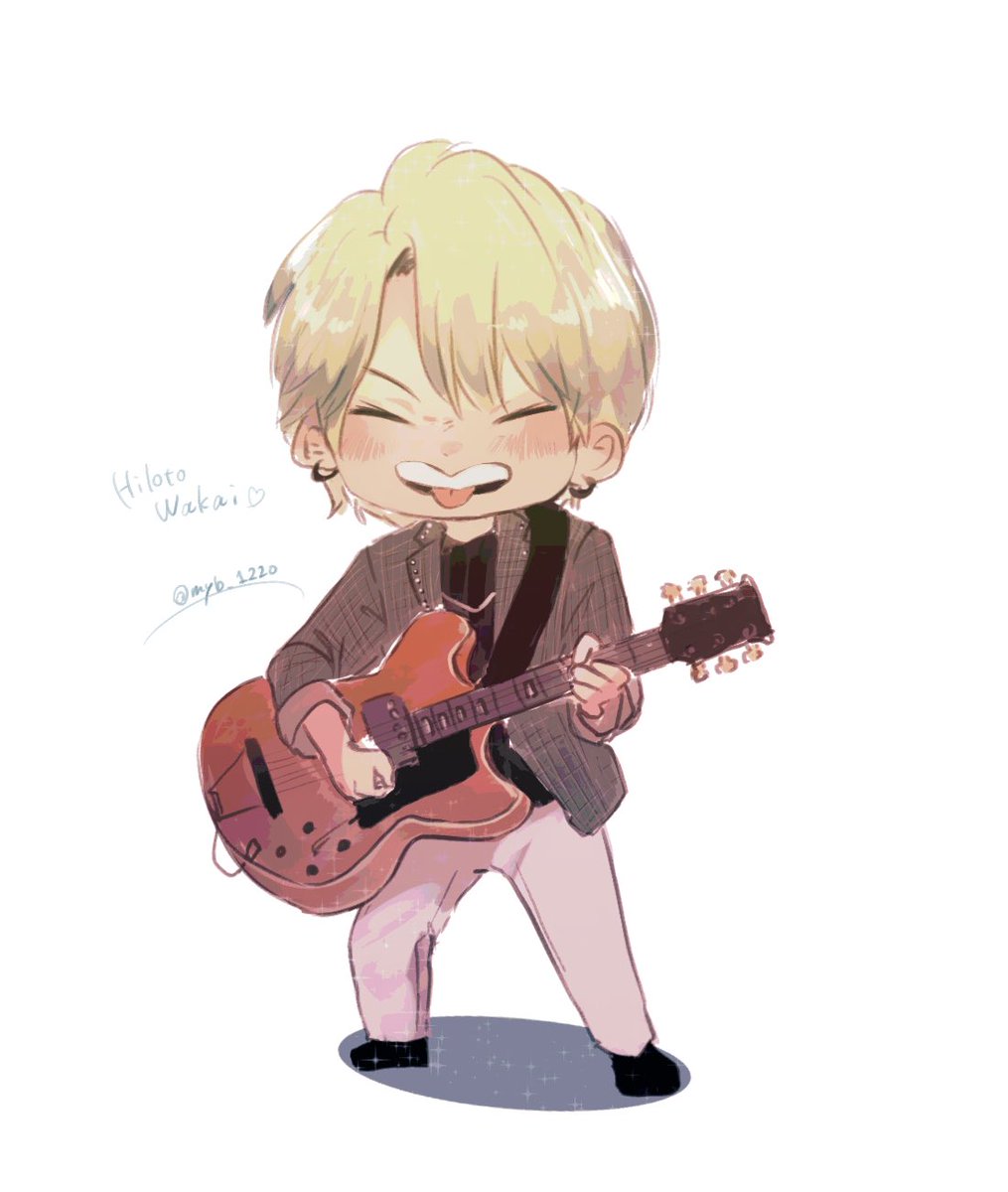 1boy guitar male focus solo instrument chibi tongue out  illustration images