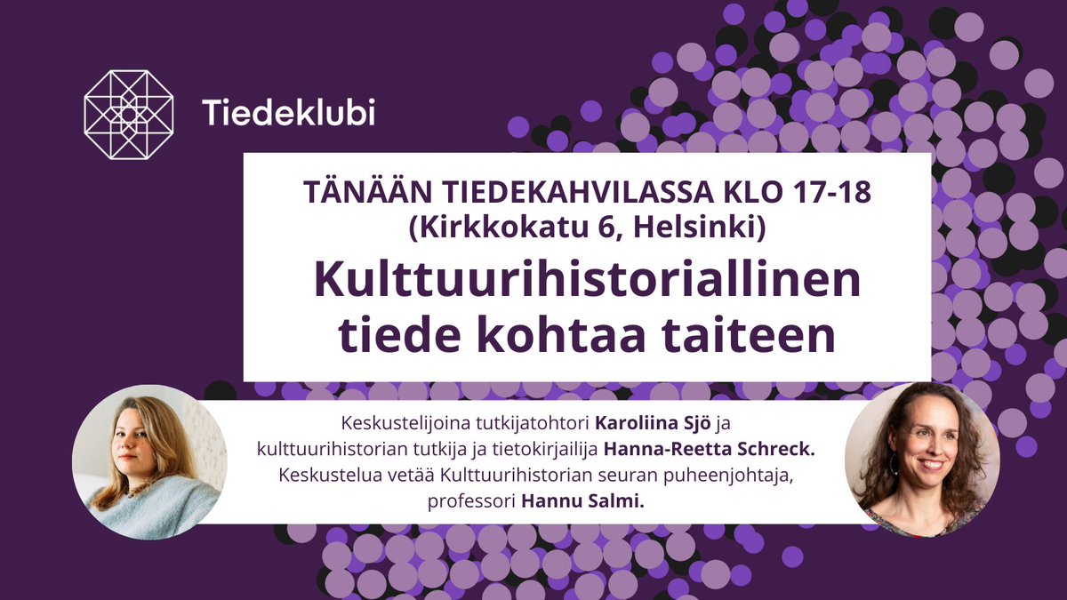 Lokakuun #Tiedeklubi on alkanut Tieteiden talolla! Keskustelemassa kulttuurihistorian ja taiteen suhteesta <a href="/KaroliinaSjo/">Karoliina Sjö</a>, Hanna-Reetta Schreck ja @hannusalmi. Illan ohjelmasta vastaa
@khseura.