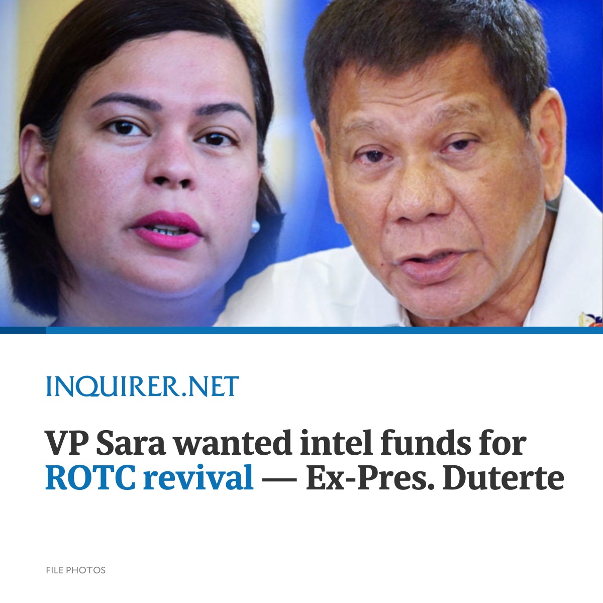 inquirerdotnet's tweet photo. Former President Rodrigo Duterte said that his daughter, Vice President and Education Secretary Sara Duterte, was planning to use her offices’ proposed confidential funds for the revival of the mandatory ROTC program.

READ: https://t.co/GsUTBLP8u9 https://t.co/9DlEdkn6Sy