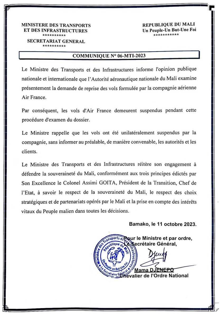 konate90's tweet photo. #Mali - #AirFrance : Les vols d'Air France sont suspendus le temps que le dossier soit examiné minutieusement.
#Bèki_Takè https://t.co/kTQwhdARZb