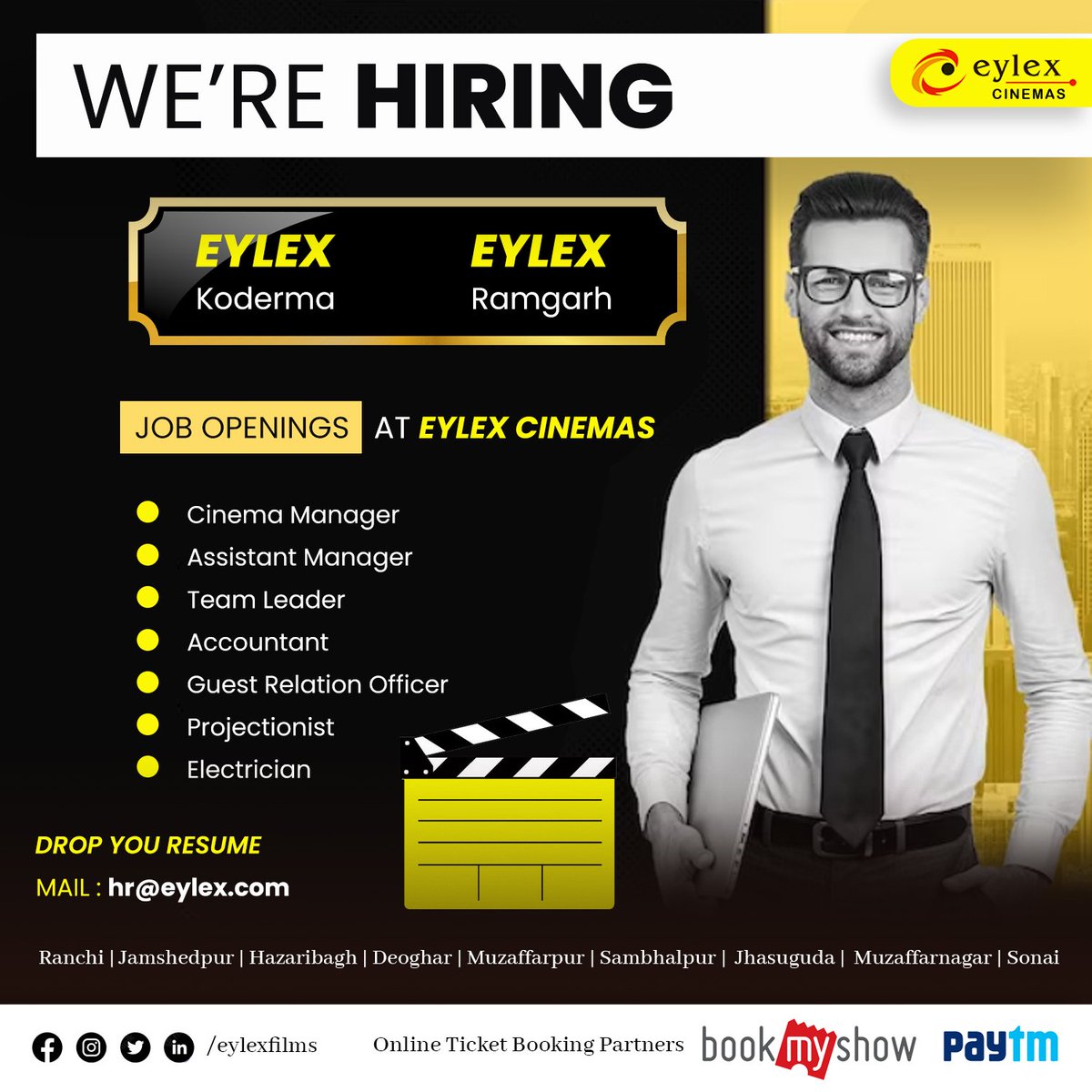 eylexfilms's tweet photo. We're Hiring. Send mail to hr@eylex.com
Visit us at https://t.co/5d5sNJBrpI
Book Tickets Via
https://t.co/95lzbk3QWi
https://t.co/XlvW5YzzX3
Note - Movie ticket timings are subject to change/cancellation / modification.
#eylex #eylexranchi #eylexjamshedpur #eylexdeoghar https://t.co/3dWmwEZxWN