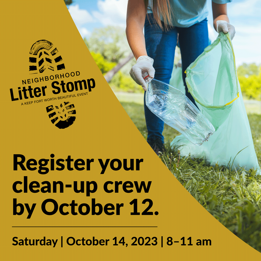 KFWB_TX's tweet photo. Neighborhood Litter Stomp is this weekend! It's not too late to get involved. Registration is open until 5pm tomorrow (Thu 10/12). Let’s hit the ground and tidy up the town! Register at https://t.co/Wi4p9m4t1Y #LitterFree #LitterStomp https://t.co/n2Bs4KN2gV