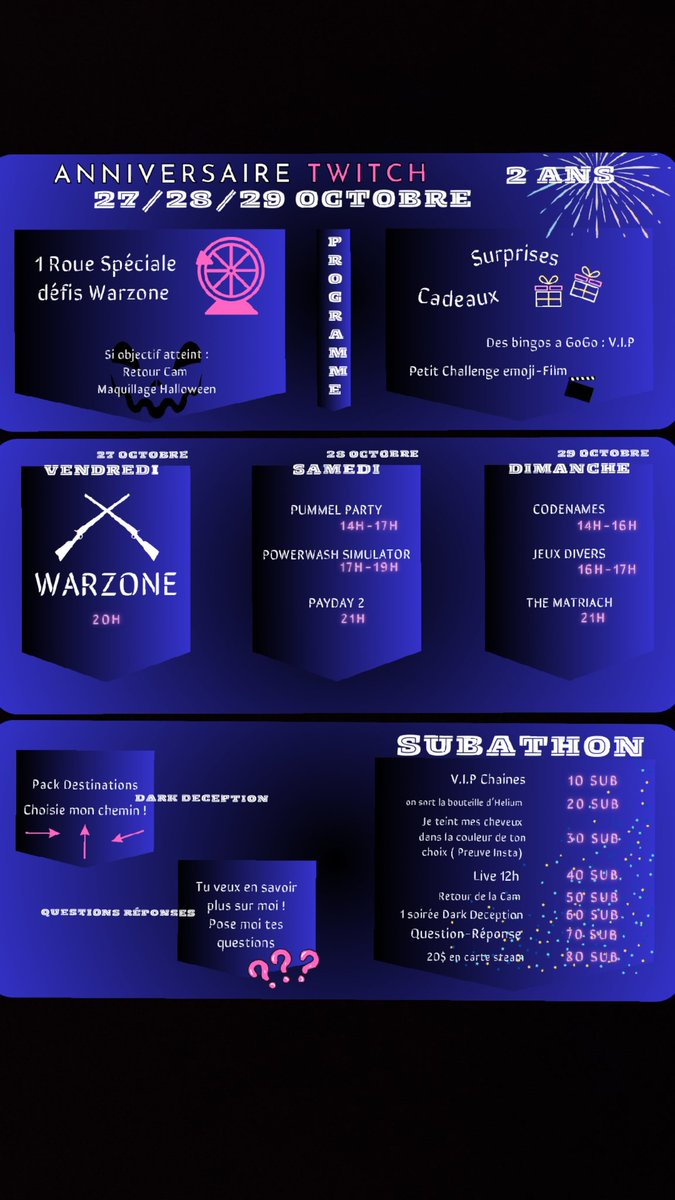 XNaNa59's tweet photo. C'est avec immense plaisir que je vous partage la programmation Pour fêtez mes 2ans de la chaîne https://t.co/2saLjpBs8T 🎈. MERCI à vous qui faite que cela devienne possible ❤️ 

#subathon #2ans #cadeaux #surprise #evenement #happybirthday #Merci #ensemble #communauté #planning https://t.co/cVZ8iKiQSd