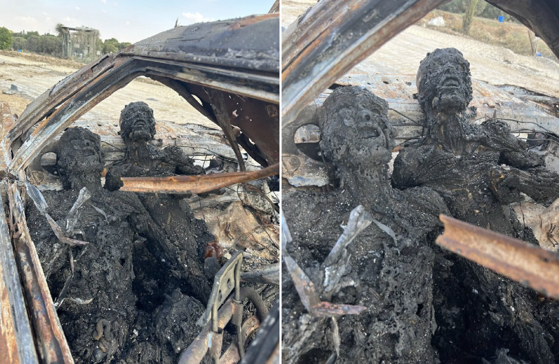 These are pictures from the entrance of Kibbutz Be'eri. A car of civilians attempted to escape. Hamas burned them alive.